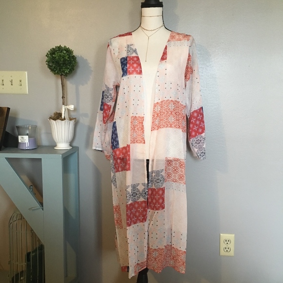 Patchwork Quilted Print American Blues Long Kimono - Picture 4 of 4
